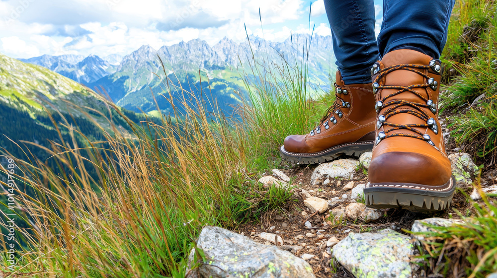 Close-up of rugged hiking boots on a rocky trail, with scenic mountainous landscape and grass in the background Close-up of rugged hiking boots on a rocky trail, with scenic mountainous landscape and grass in the background