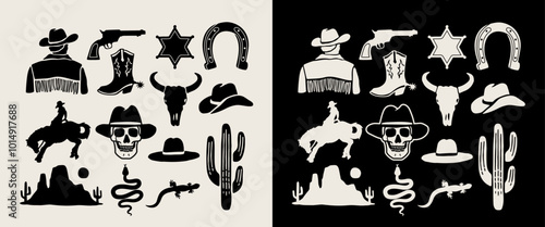 Western-themed vector graphics including cowboys, cacti, skulls, horses, and more, are available in black and white variations. 