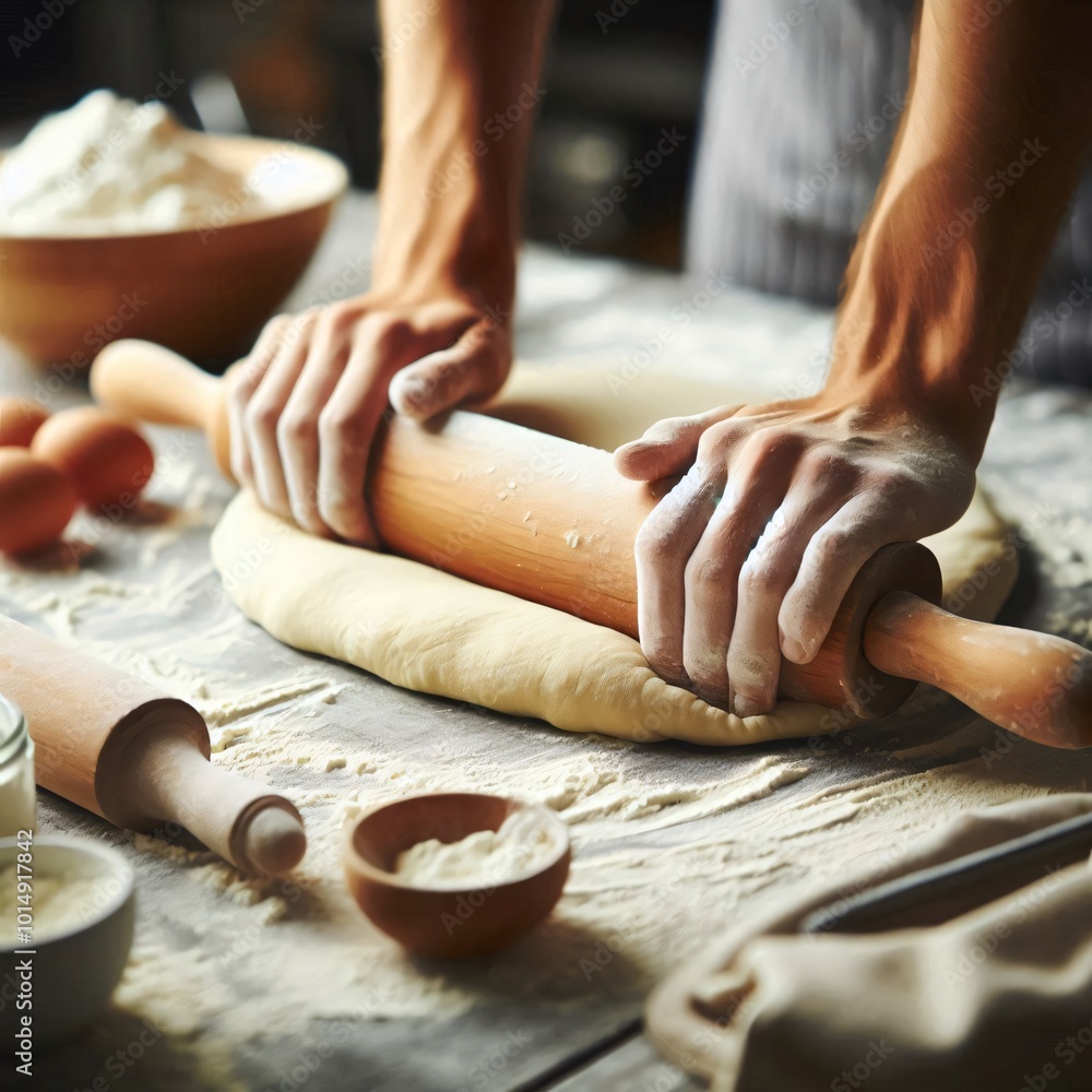 A close-up of a baker carefully rolling out dough with a wooden rolling pin, surrounded by scattered flour and baking supplies A close-up of a baker carefully rolling out dough with a wooden rolling pin, surrounded by scattered flour and baking supplies