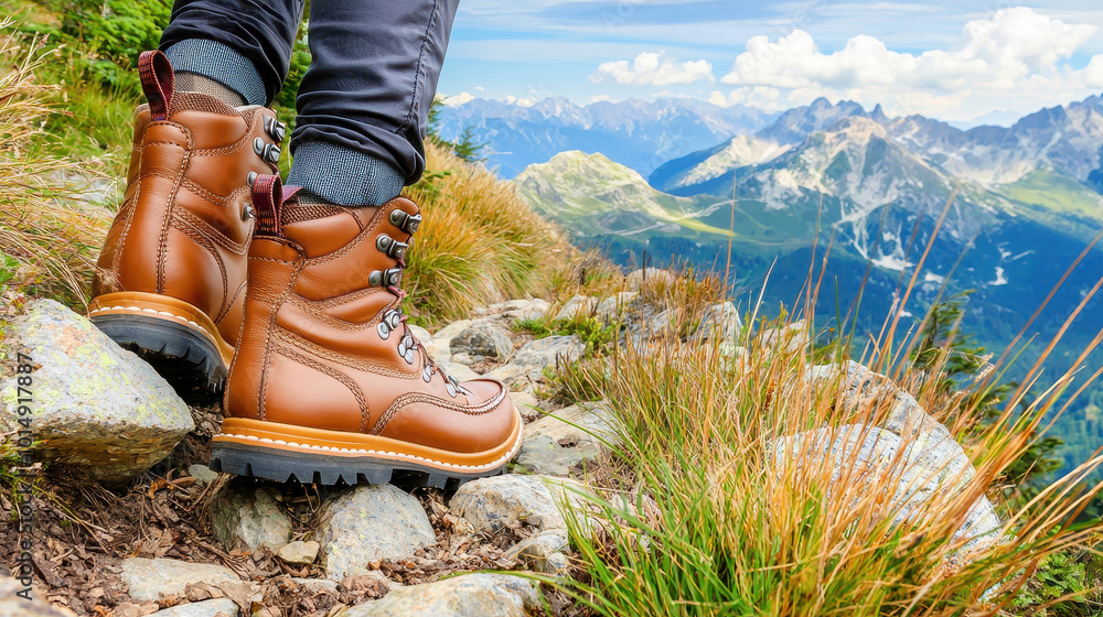 Hiking boots on rocky trail with picturesque mountain landscape in the background, showcasing nature and outdoor adventure Hiking boots on rocky trail with picturesque mountain landscape in the background, showcasing nature and outdoor adventure