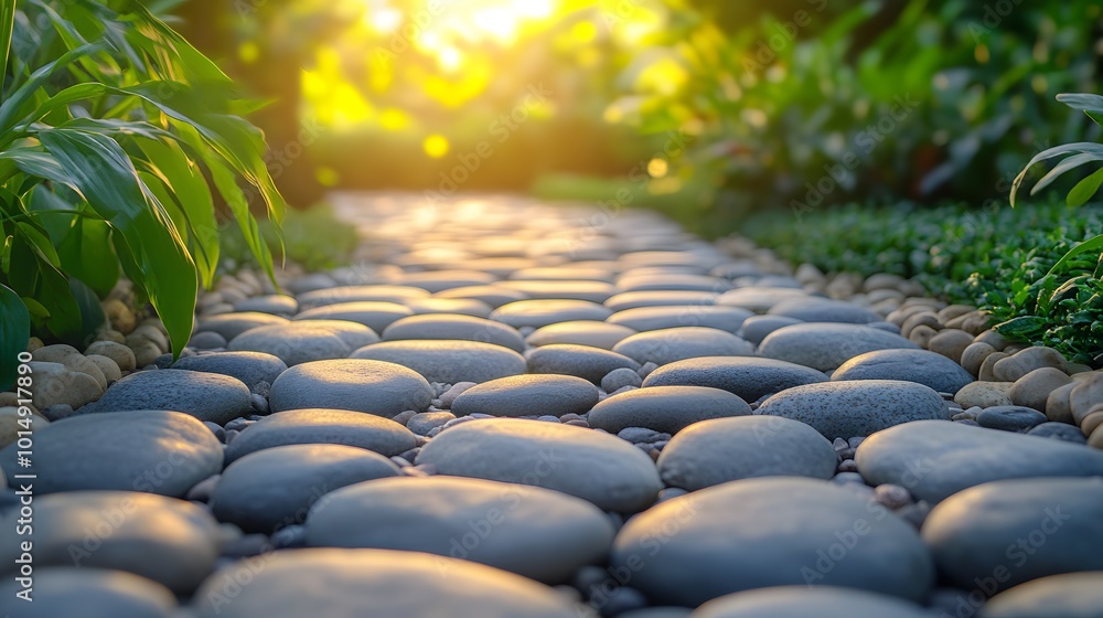 Fototapeta premium A panoramic view of a pebble stone path in a garden showcases smooth rounded stones under soft sunlight, creating a tranquil zen garden aesthetic with natural earthy tones.