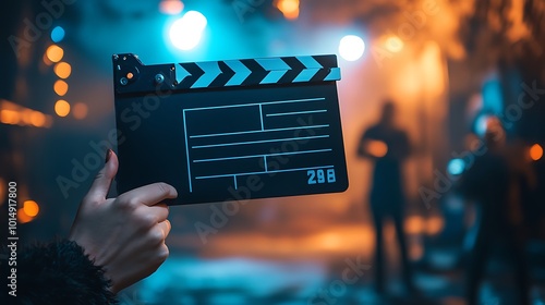 A hand holds a black clapperboard, with a film crew in the background on a set with colored lights. photo