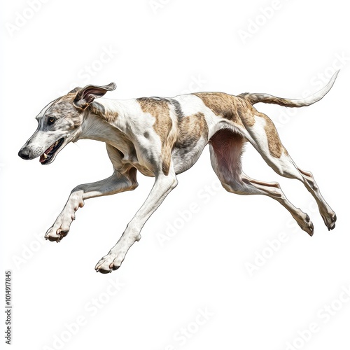 A graceful greyhound running at full speed, detailed muscles and fur, isolated on white background photo