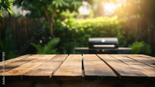 BBq grill in the back yard background with empty wooden table 