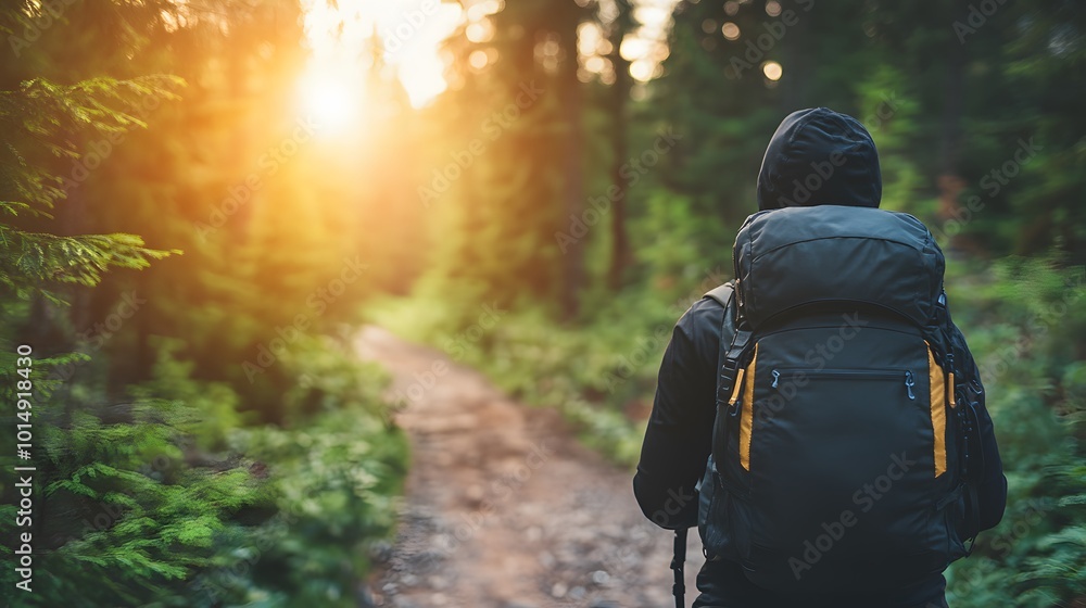 A person dressed in black, carrying a backpack, walks away on a sunlit forest path, capturing the golden hour light among towering pine trees in a warm, adventurous scene. A person dressed in black, carrying a backpack, walks away on a sunlit forest path, capturing the golden hour light among towering pine trees in a warm, adventurous scene.