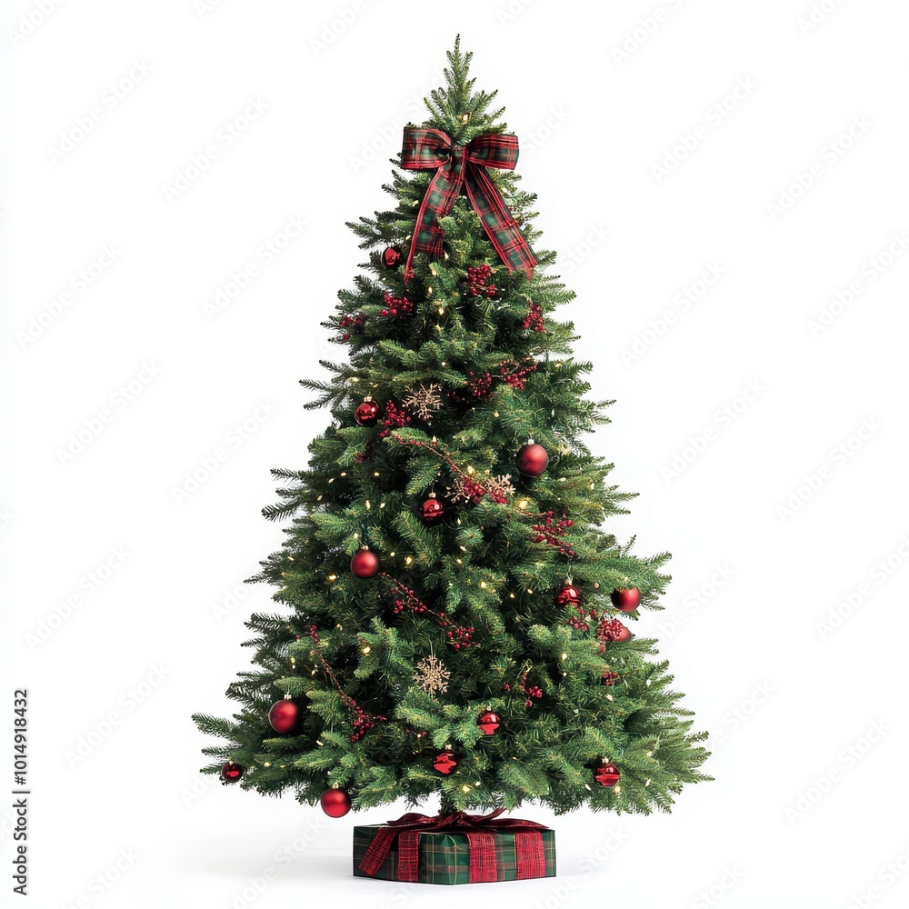 A Christmas tree with red and green plaid ribbon, traditional holiday style, isolated on white background A Christmas tree with red and green plaid ribbon, traditional holiday style, isolated on white background
