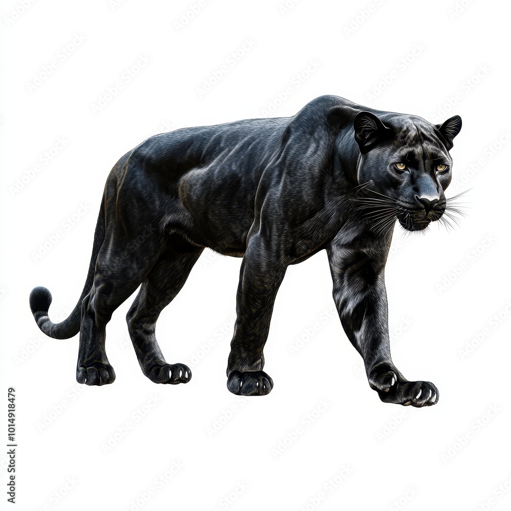 Fototapeta premium A sleek black panther walking stealthily, realistic muscle and fur texture, isolated on white background