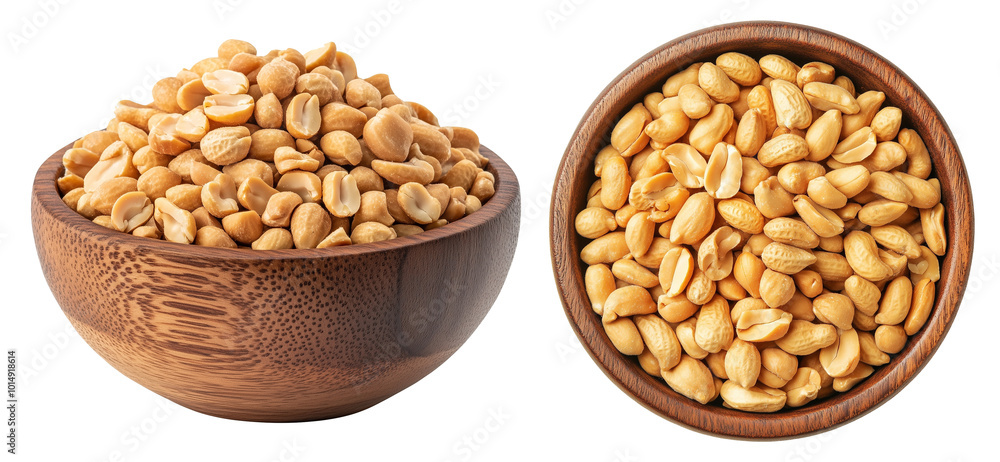 Collection of Shelled Peanuts in Wooden Bowls on Transparent Background Collection of Shelled Peanuts in Wooden Bowls on Transparent Background