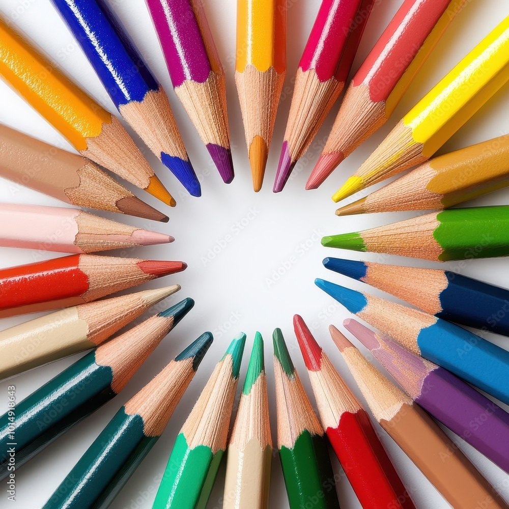 A collection of colored pencils arranged in a circle, vibrant tones, isolated on white background A collection of colored pencils arranged in a circle, vibrant tones, isolated on white background