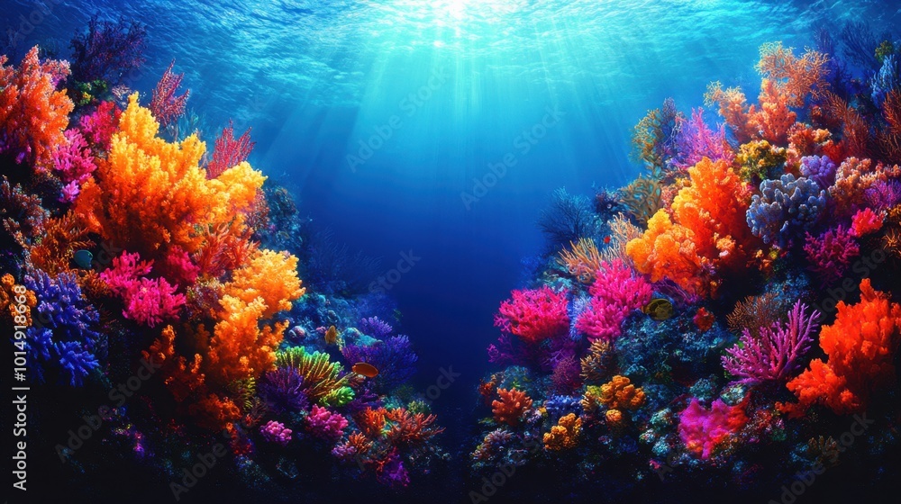 Naklejka premium Vibrant coral reef underwater scene, viewed from a close-up perspective, highlighting the intricate details of the marine life and colorful corals against a bright blue backdrop