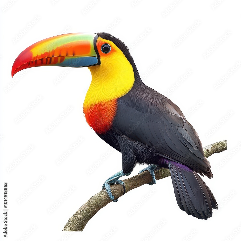 Fototapeta premium A colorful toucan perched, with vibrant beak and feathers, isolated on white background