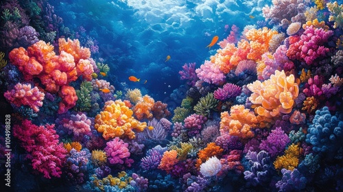 Fototapeta Naklejka Na Ścianę i Meble -  Vibrant coral reef underwater scene, viewed from a close-up perspective, highlighting the intricate details of the marine life and colorful corals against a bright blue backdrop 