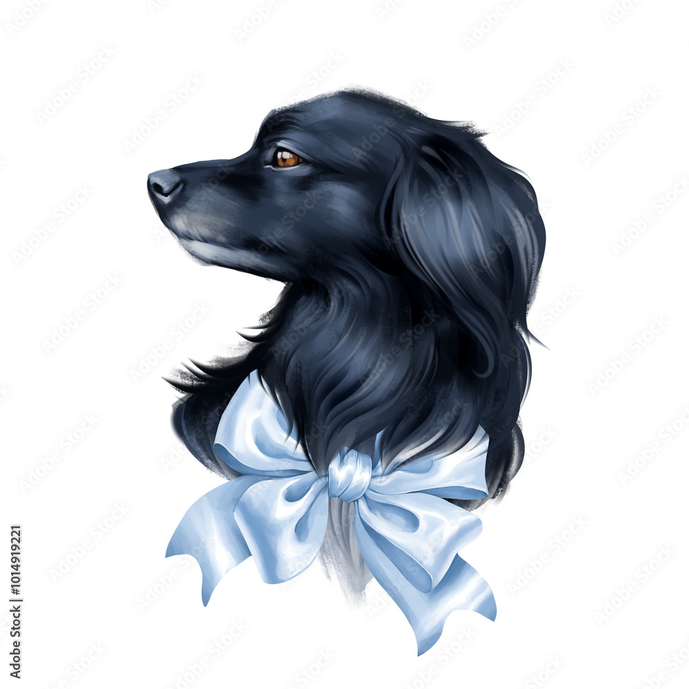 Naklejka premium Cute black dog with blue bow. Animal illustration 