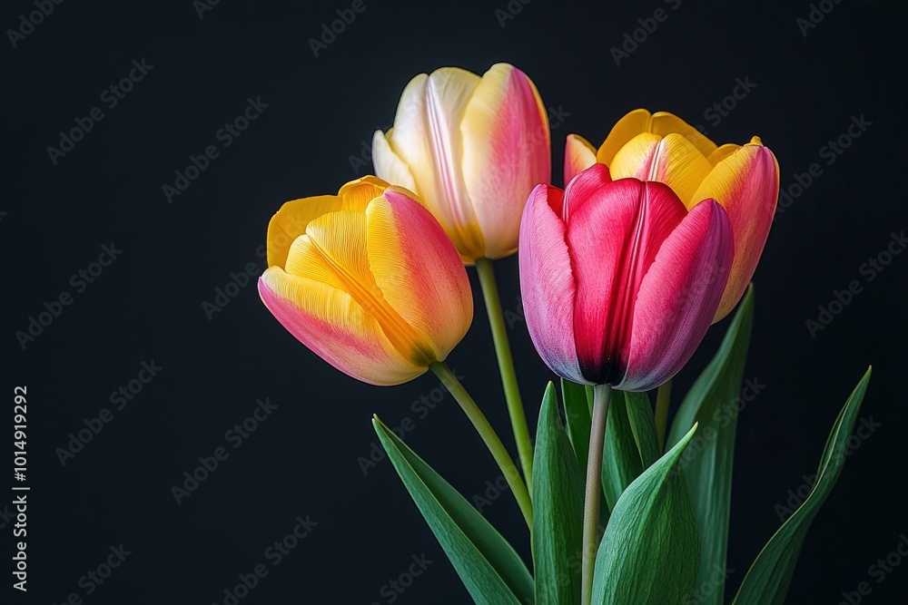 Colorful Tulips isolated on dramatic black background - generative ai Colorful Tulips isolated on dramatic black background - generative ai
