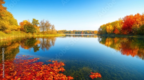 Tranquil lake surrounded by autumn foliage, with vibrant reds, oranges, and yellows reflected in the still water, clear blue sky