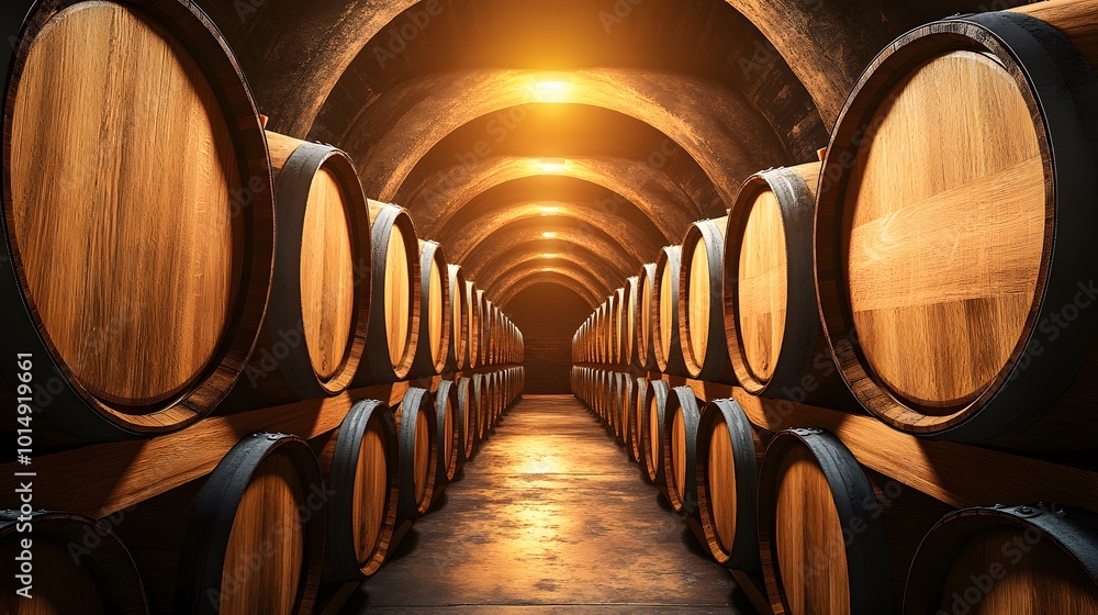 Rows of wooden wine barrels create a rich, artisanal atmosphere in a winery cellar, displaying golden-brown tones and detailed wood grain in a symmetrical arrangement. Rows of wooden wine barrels create a rich, artisanal atmosphere in a winery cellar, displaying golden-brown tones and detailed wood grain in a symmetrical arrangement.