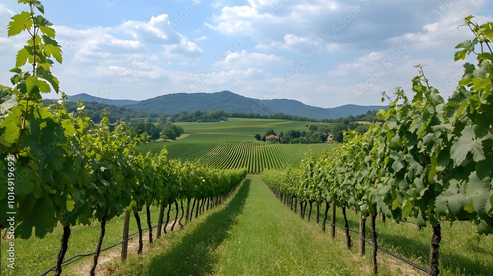 Naklejka premium Lush Vineyard Landscape with Rows of Grapes