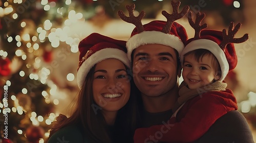 A happy family of three wearing Santa hats and reindeer antlers pose for a photo in front of a Christmas tree.