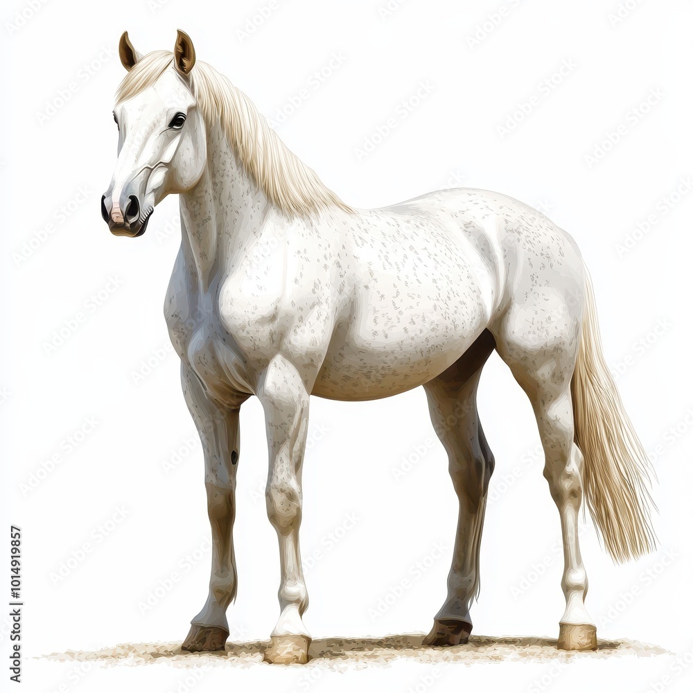 Obraz premium A gentle horse standing in a field, detailed mane and tail, photorealistic style, isolated on white background