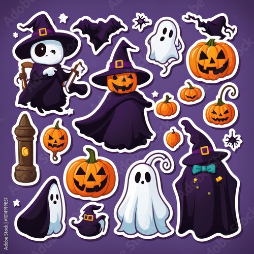 A collection of Halloween-themed stickers featuring ghosts, pumpkins, and witches.