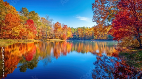 Tranquil lake surrounded by autumn foliage, with vibrant reds, oranges, and yellows reflected in the still water, clear blue sky
