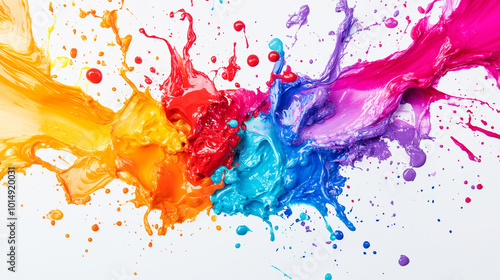 Splashes waves oil paints of vivid colors on a solid white background.