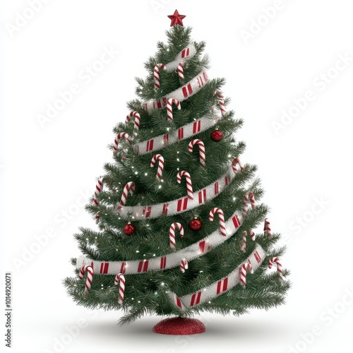 A traditional Christmas tree decorated with candy canes and tinsel, photorealistic rendering, isolated on white background