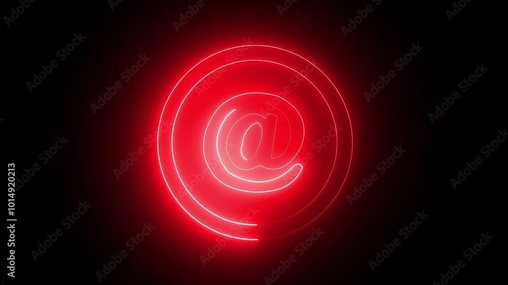 At-sign internet technology symbol with waves in black background.E-mail at neon symbol in red color . At-sign internet technology symbol with waves in black background.E-mail at neon symbol in red color .