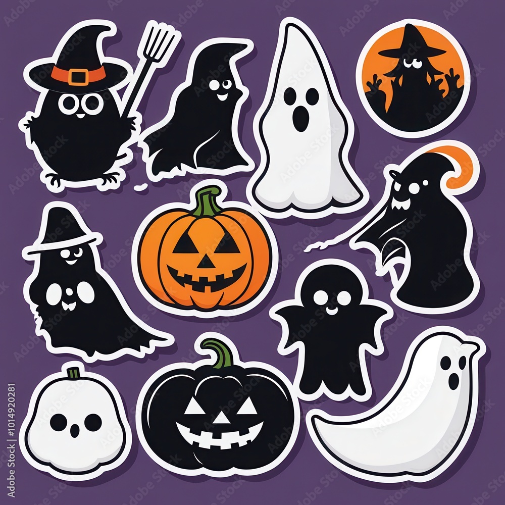 A collection of Halloween-themed stickers featuring ghosts, pumpkins, and witches. A collection of Halloween-themed stickers featuring ghosts, pumpkins, and witches.