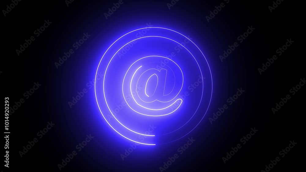 At-sign internet technology symbol with waves in black background.E-mail at neon symbol in blue color. At-sign internet technology symbol with waves in black background.E-mail at neon symbol in blue color.