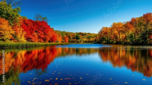 Tranquil lake surrounded by autumn foliage, with vibrant reds, oranges, and yellows reflected in the still water, clear blue sky