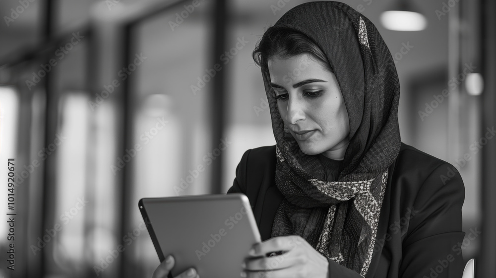 Stylish Arab Business Woman Using a Tablet from the Side in a Black and White Office Environment Stylish Arab Business Woman Using a Tablet from the Side in a Black and White Office Environment