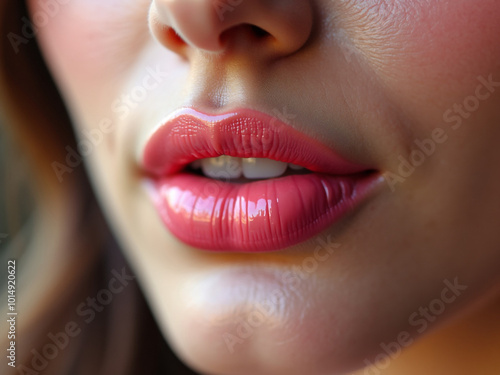 A close-up of a woman's attractive lips with red lipstick.