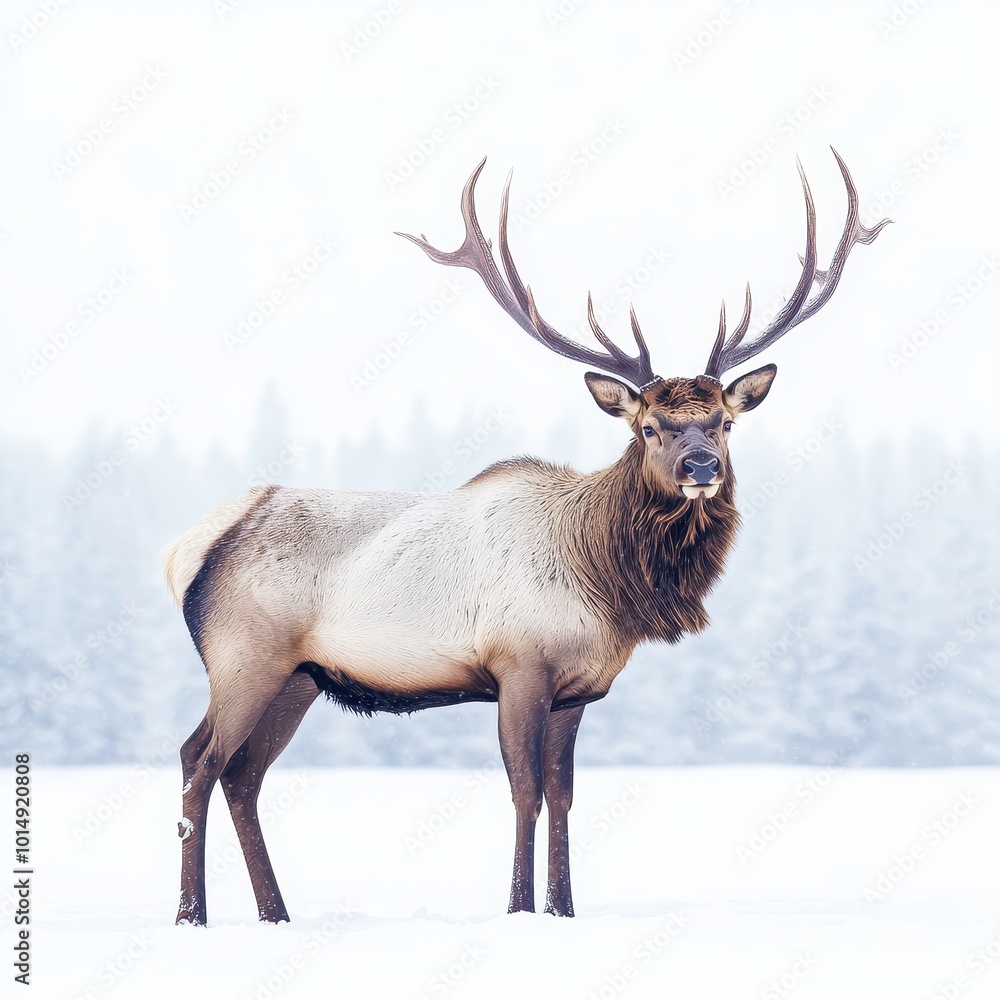 A majestic elk with large antlers, standing in a snowy landscape, isolated on white background A majestic elk with large antlers, standing in a snowy landscape, isolated on white background