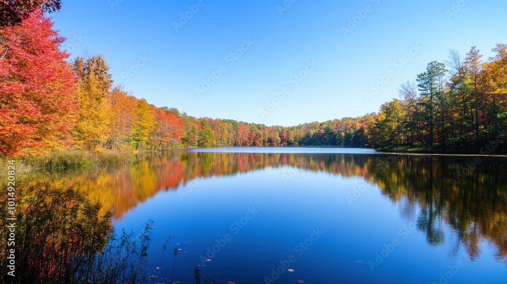 Tranquil lake surrounded by autumn foliage, with vibrant reds, oranges, and yellows reflected in the still water, clear blue sky Tranquil lake surrounded by autumn foliage, with vibrant reds, oranges, and yellows reflected in the still water, clear blue sky