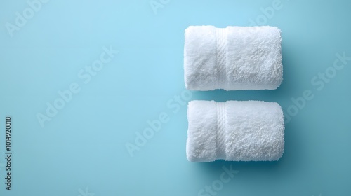 White towels against a light blue background create a minimalist spa concept, showcasing soft textures and clean cotton fabric in an inviting composition.