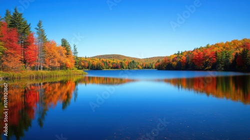 Tranquil lake surrounded by autumn foliage, with vibrant reds, oranges, and yellows reflected in the still water, clear blue sky