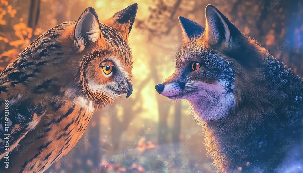 Obraz premium Owl and fox facing each other in the forest