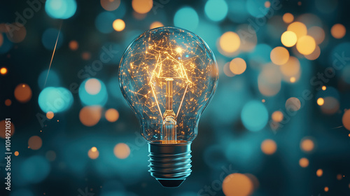 Illuminated Ideas: Creative Depiction of a Sparkling Light Bulb on a Relaxing Mid-Blue Background for Modern Design photo