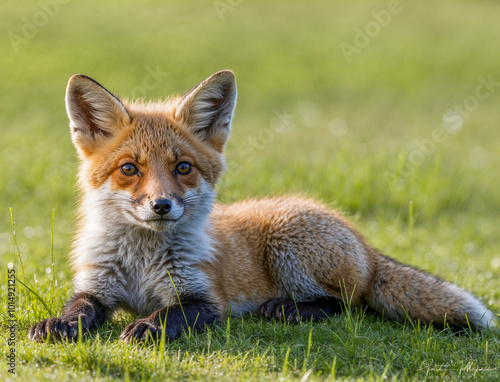 Alert young fox cub, lying on fresh green grass, copy space.