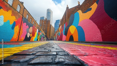 Urban street filled with colorful murals, shot from a low perspective, highlighting the vibrancy of street art against the backdrop of an old brick wall  photo