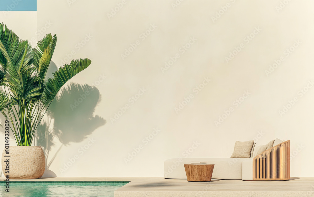 Modern outdoor relaxation area with pool and stylish seating surrounded by greenery Modern outdoor relaxation area with pool and stylish seating surrounded by greenery
