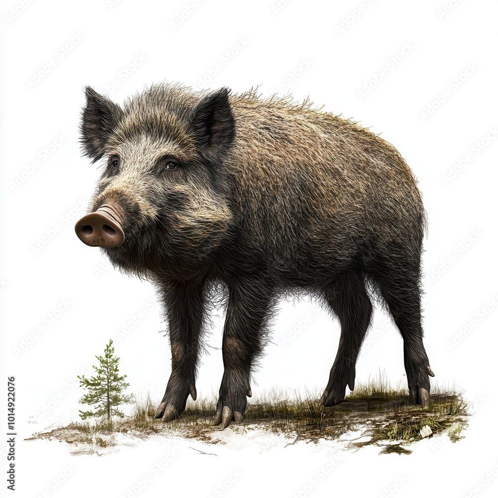 A wild boar standing in the forest, photorealistic fur and tusks, isolated on white background A wild boar standing in the forest, photorealistic fur and tusks, isolated on white background