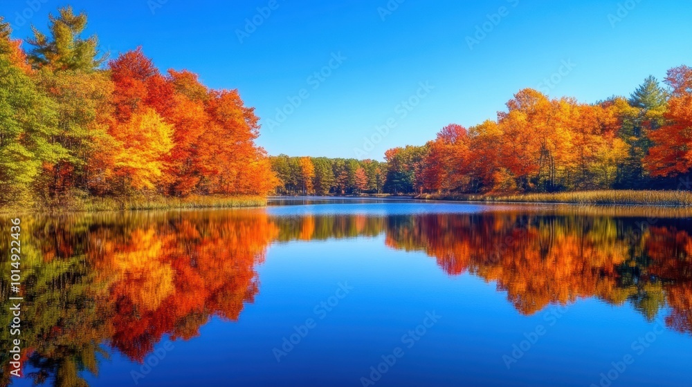Tranquil lake surrounded by autumn foliage, with vibrant reds, oranges, and yellows reflected in the still water, clear blue sky Tranquil lake surrounded by autumn foliage, with vibrant reds, oranges, and yellows reflected in the still water, clear blue sky