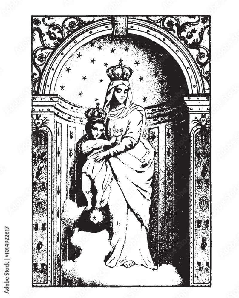 Fototapeta premium Our Lady of Victory Virgin Mary and Infant Jesus Vector Madonna and Child Catholic religious Illustration 