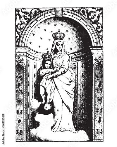 Our Lady of Victory Virgin Mary and Infant Jesus Vector Madonna and Child Catholic religious Illustration 