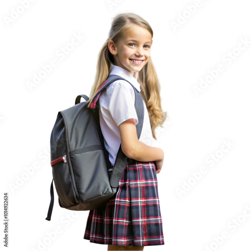 Little girl posing in school s uniform on transparent background