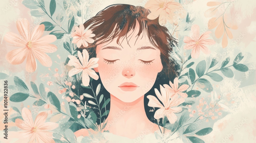A young woman with closed eyes, surrounded by delicate flowers and leaves in pastel colors. Abstract illustration A young woman with closed eyes, surrounded by delicate flowers and leaves in pastel colors. Abstract illustration