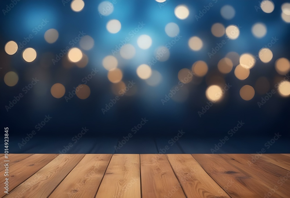Wooden floor with blurred blue background and bokeh lights. Wooden floor with blurred blue background and bokeh lights.