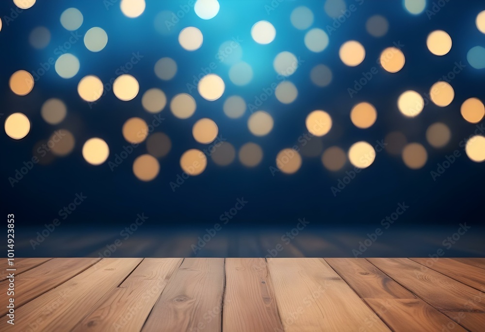 Wooden floor with blurred blue background and bokeh lights. Wooden floor with blurred blue background and bokeh lights.